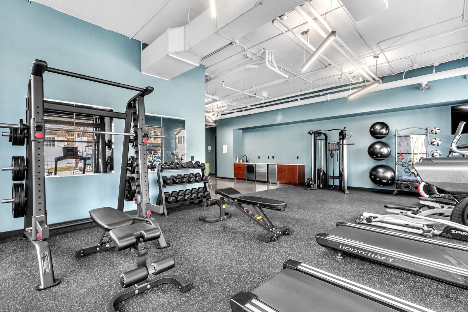 Capitol Living gym with free weights, squat rack, and cable machines
