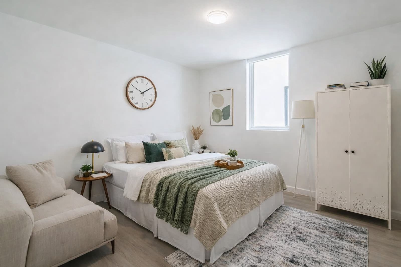 Furnished bedroom with green accents, wardrobe, and cozy seating at Capitol Living