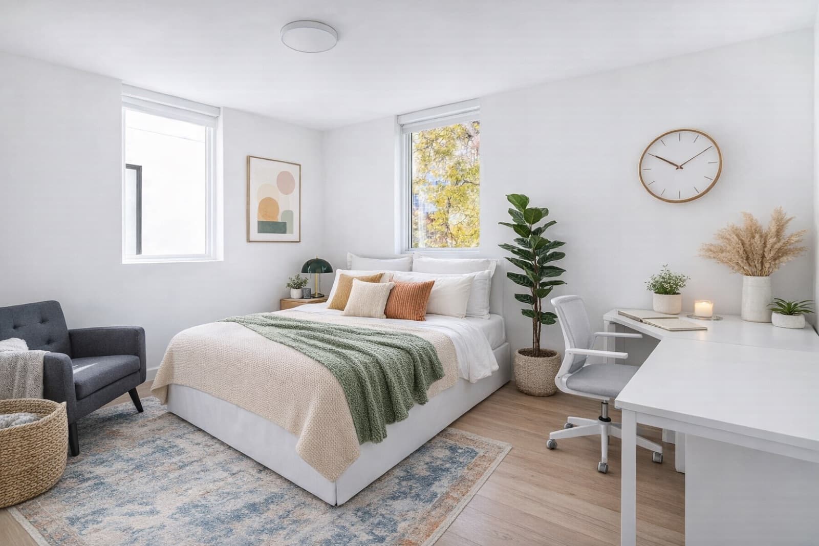 Bright bedroom with desk workspace, plants, and tree views at Capitol Living